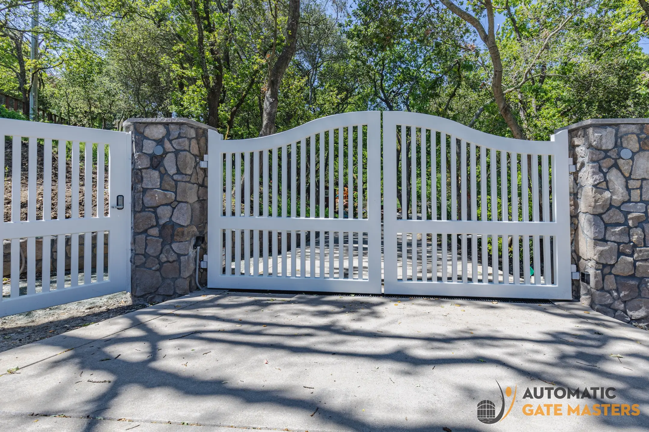 Finished white double-swing automatic gate, Lafayette CA