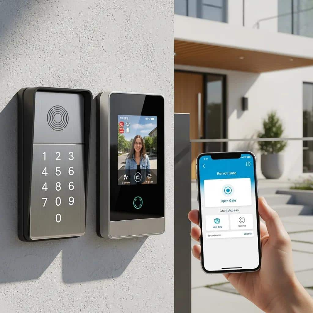 Keypad, intercom and smartphone gate access controls at a residential driveway