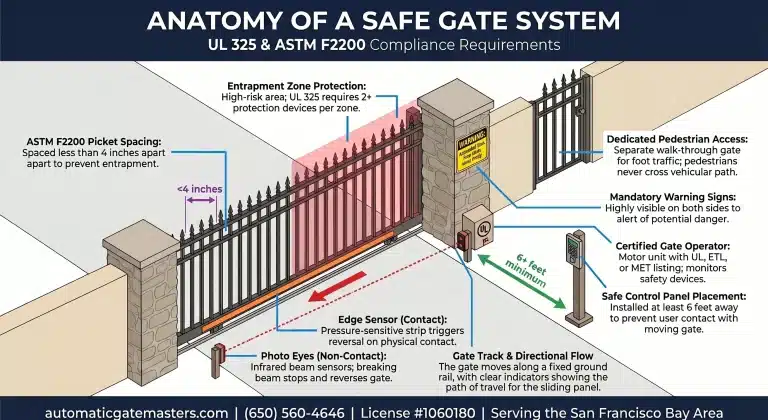 Diagram of a UL 325 and ASTM F2200 compliant automatic gate system