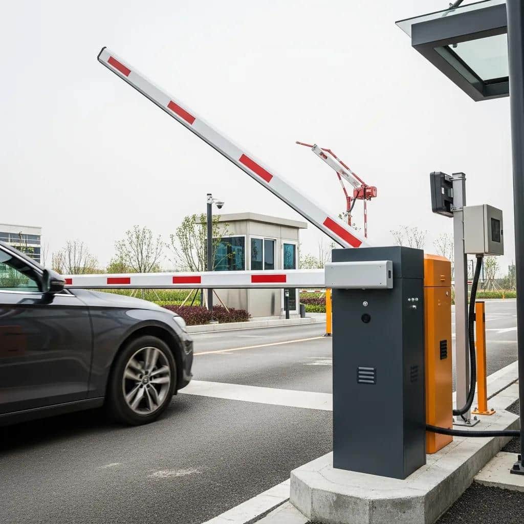 Commercial barrier gate arm installation at a parking facility