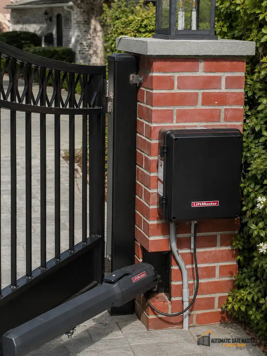 Black steel automatic driveway gate opening with the LiftMaster LA500 swing gate operator arm, Burlingame CA