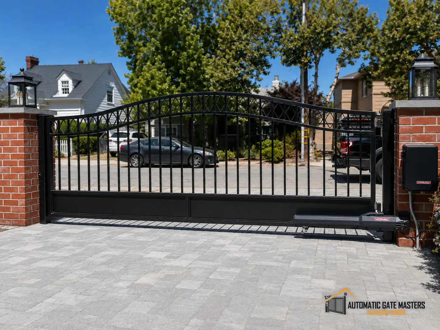 Closed custom steel driveway gate with an arched top and decorative panels, Burlingame CA