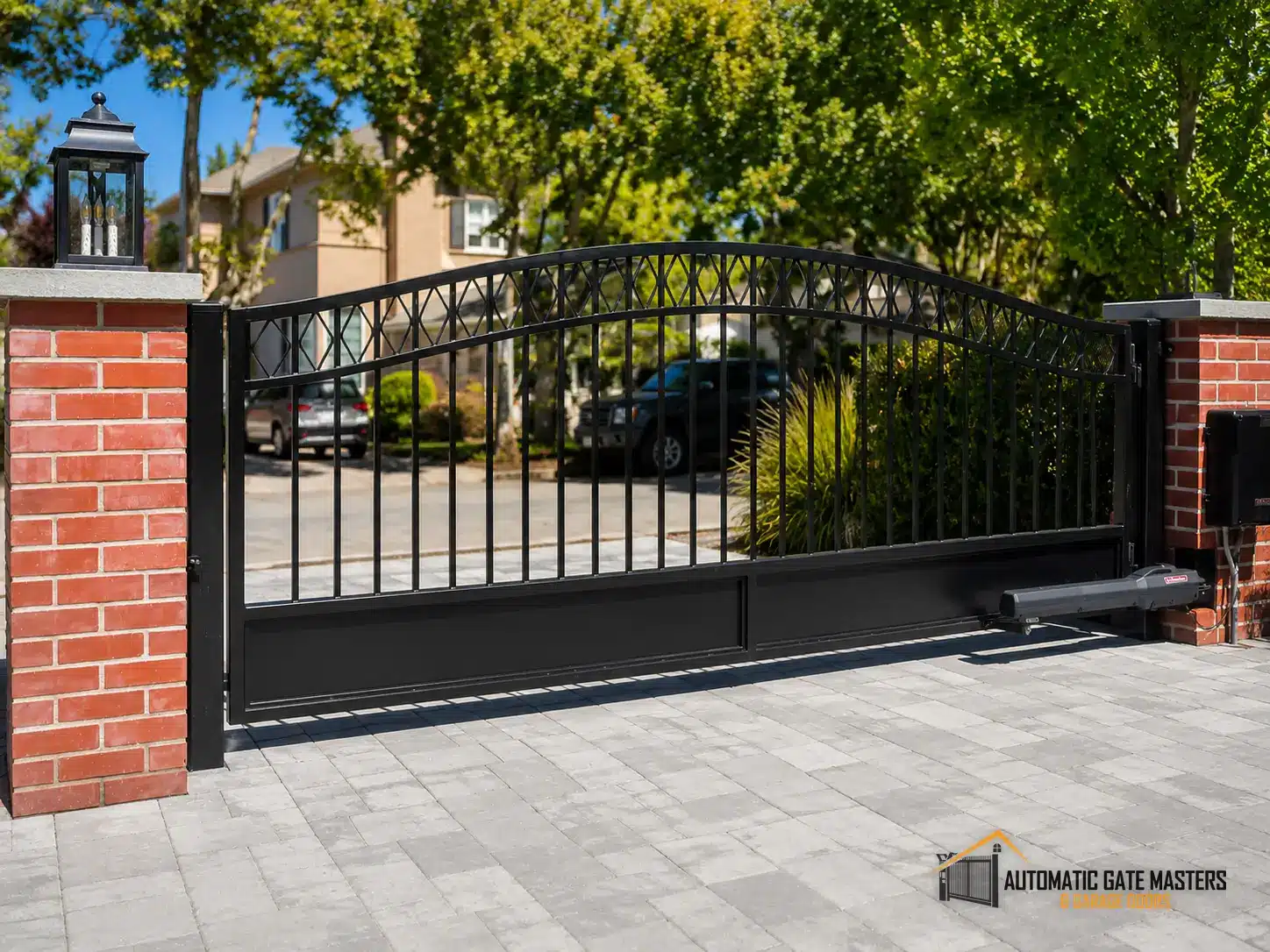 Custom steel single swing automatic driveway gate with a LiftMaster control panel on the brick pillar, Burlingame CA