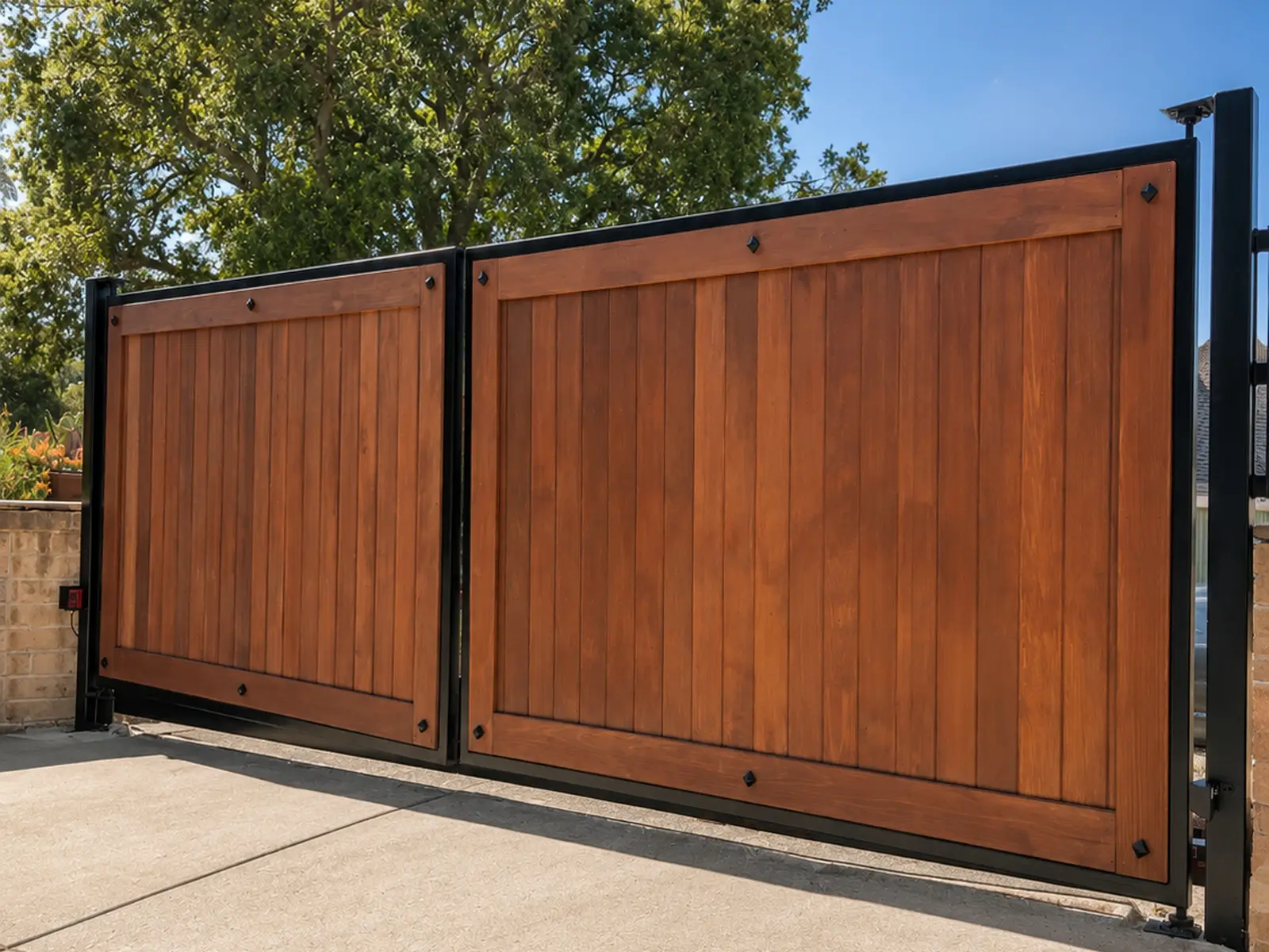 Cedar dual swing driveway gate idea with black clavos in Alamo