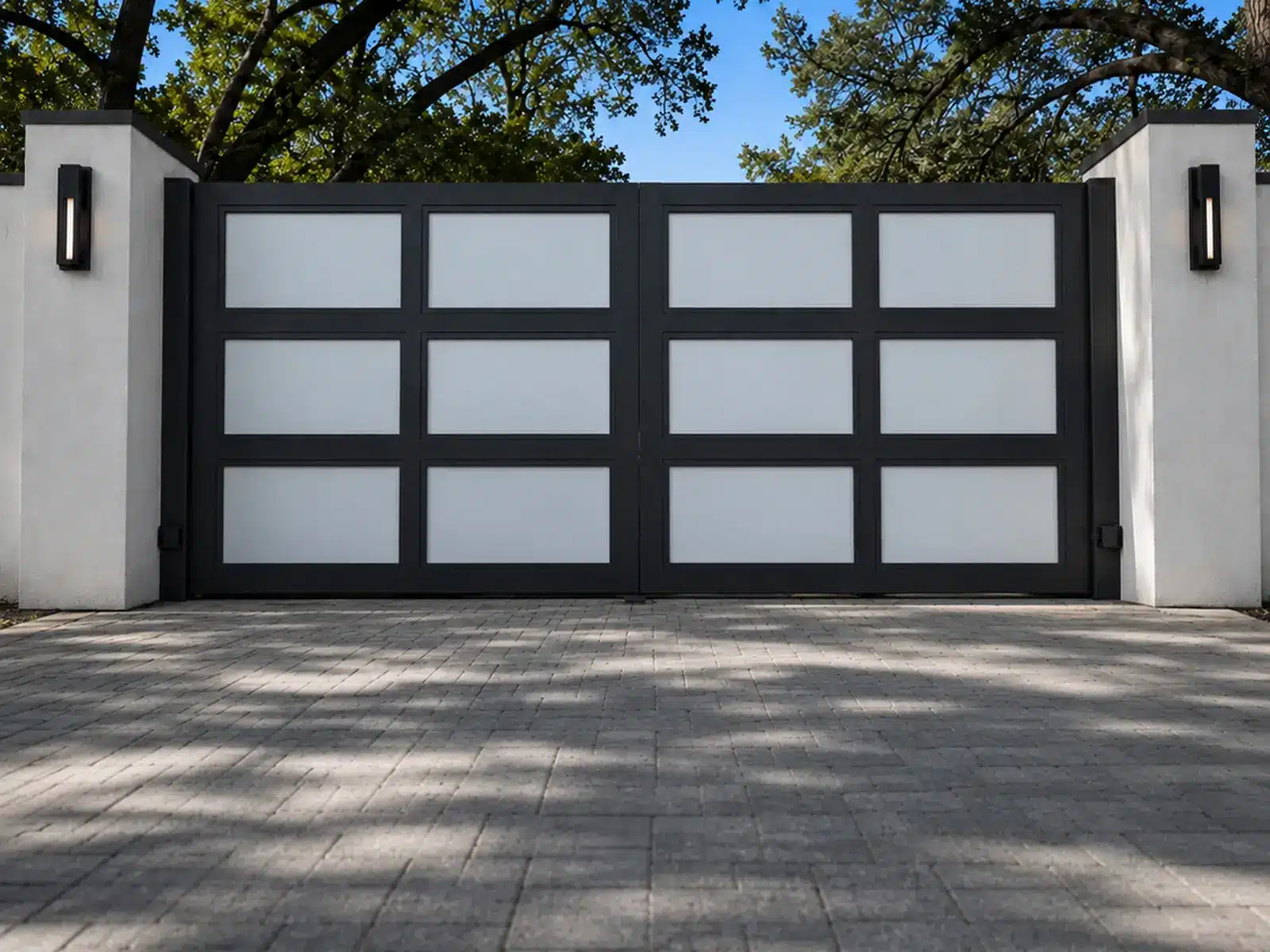 Frosted acrylic and steel modern driveway gate idea in Atherton