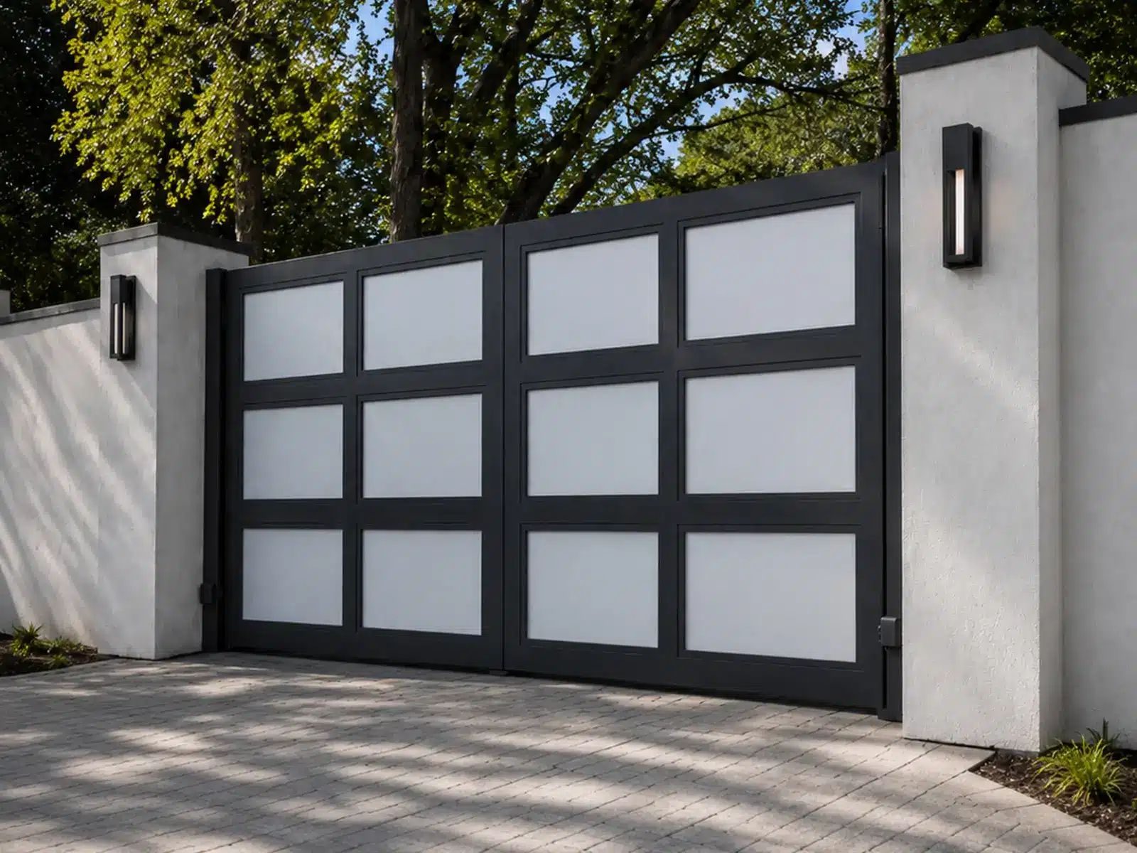 Modern frosted acrylic and steel dual swing gate in Atherton, California