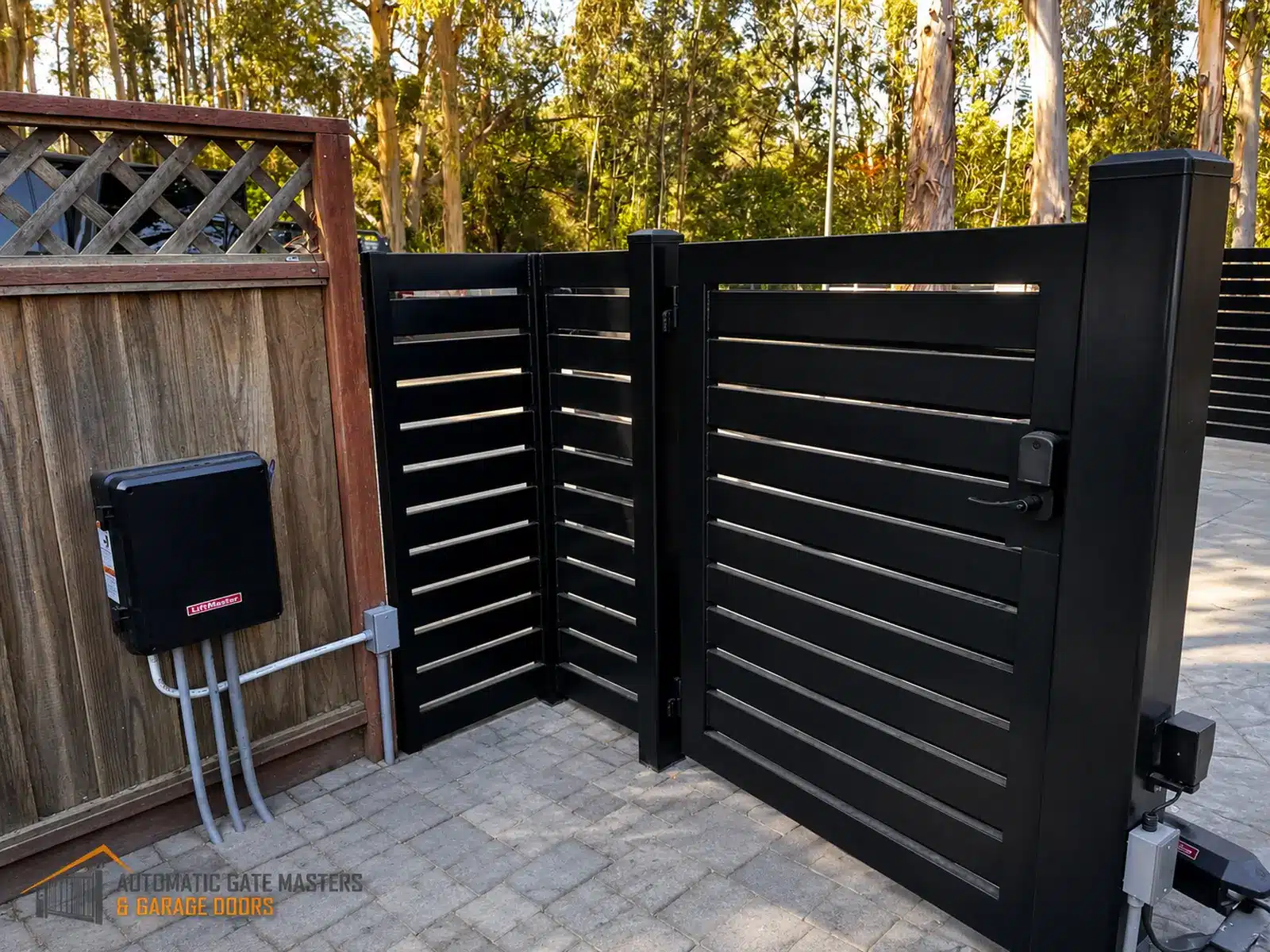 Matching pedestrian swing gate beside a driveway gate in Burlingame