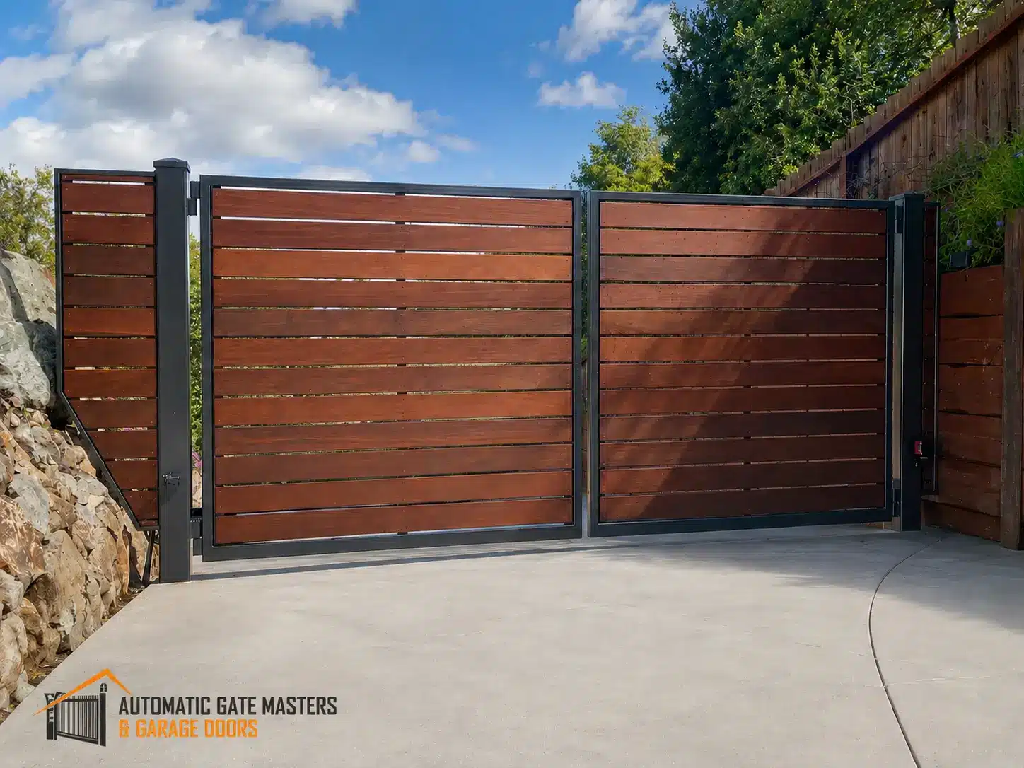 Custom Ipe wood dual swing driveway gate in Emerald Hills, California