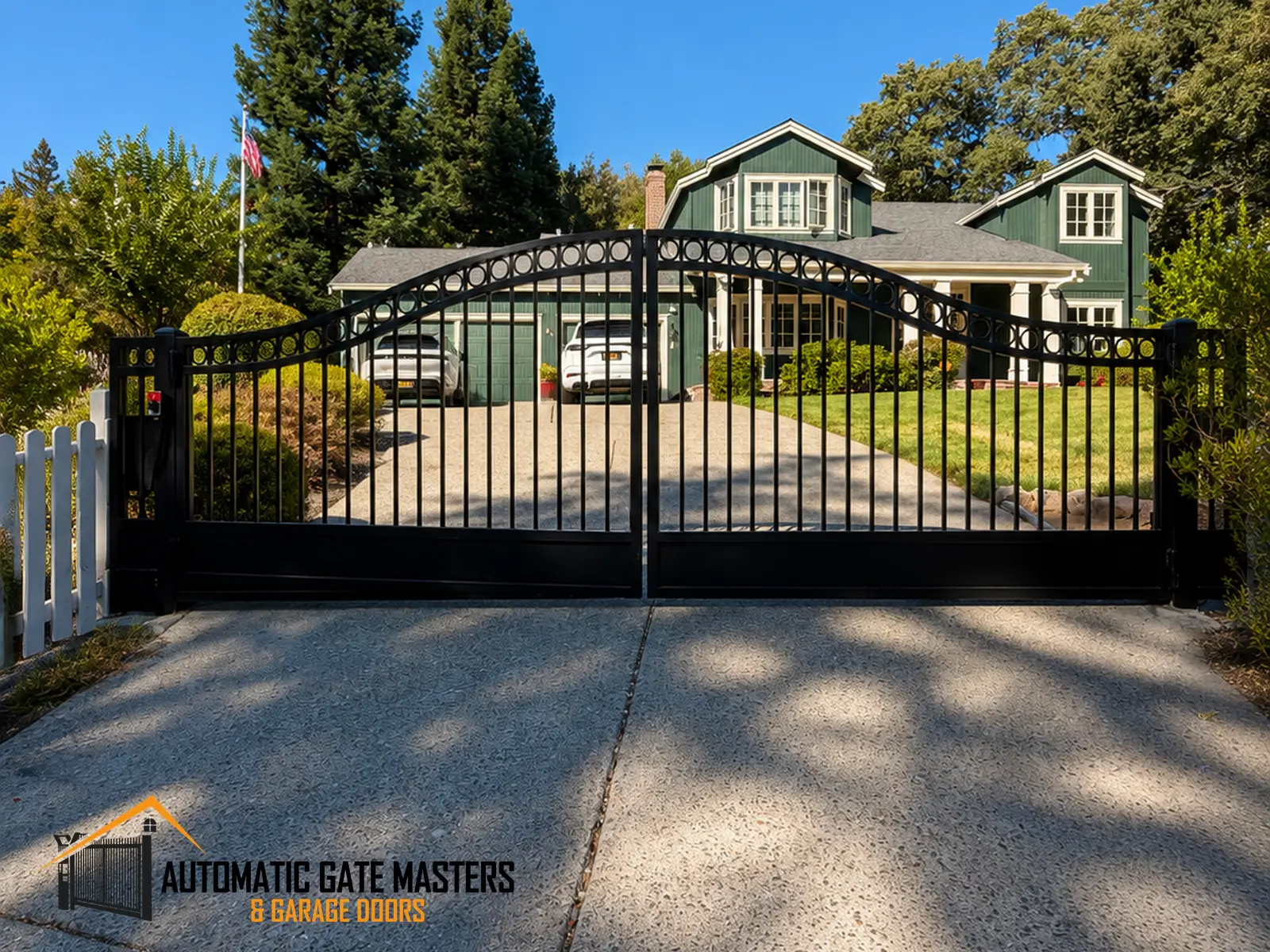Custom arched black steel dual swing driveway gate on a sloped driveway in Danville, CA