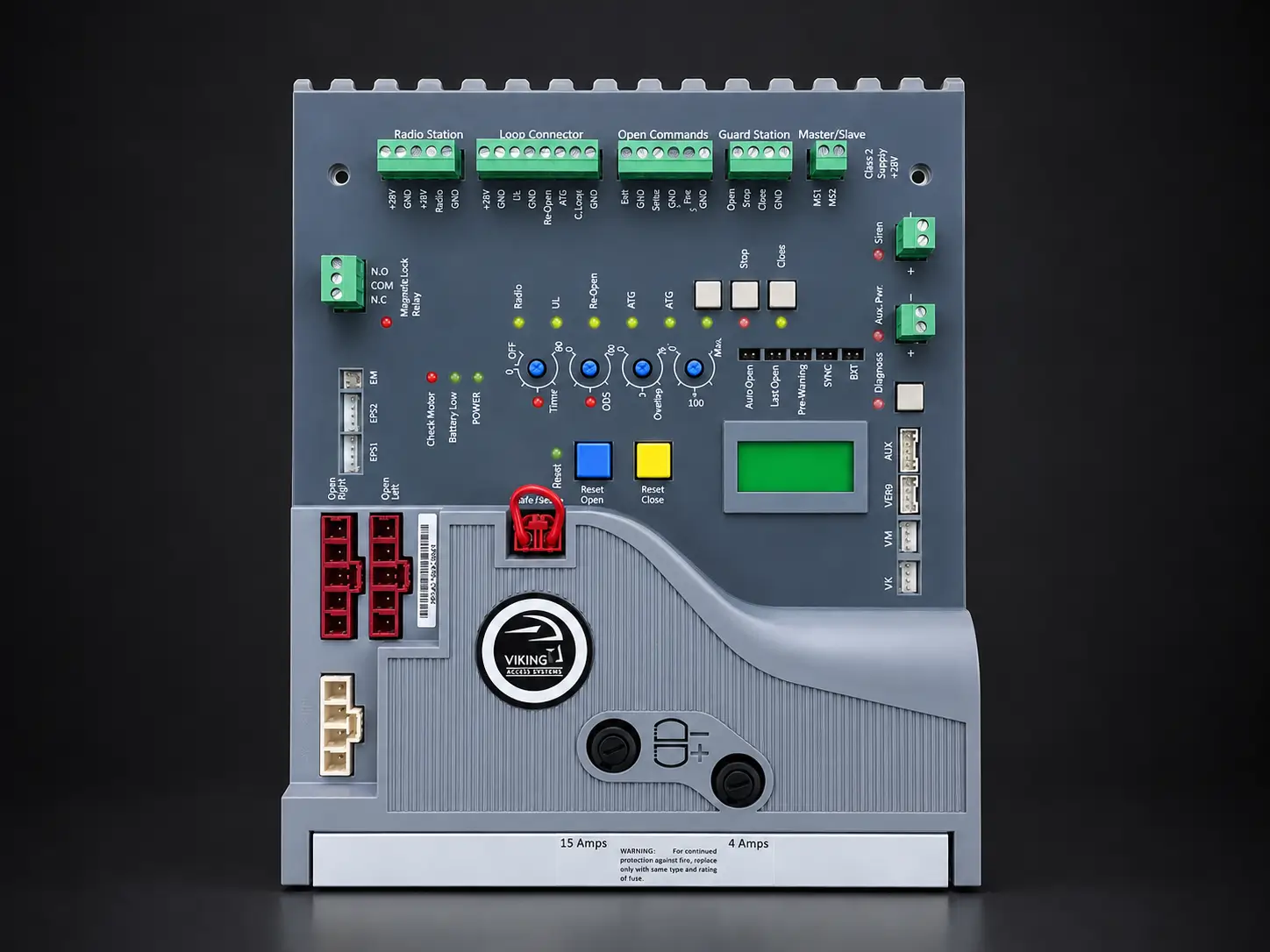 Viking VFlex control board inside a Viking gate operator, showing the LCD display, Diagnose button, and fuse holders